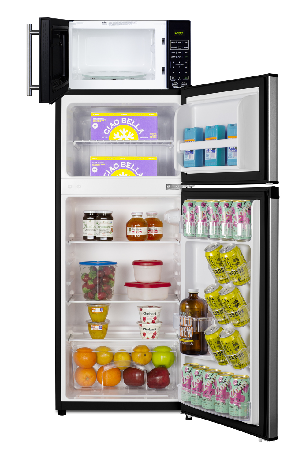 2-door mid-sized refrigerator-freezer in a stainless steel look and compact microwave in black with allocator and USB ports for 1-plug operation; ships in three boxes on one pallet